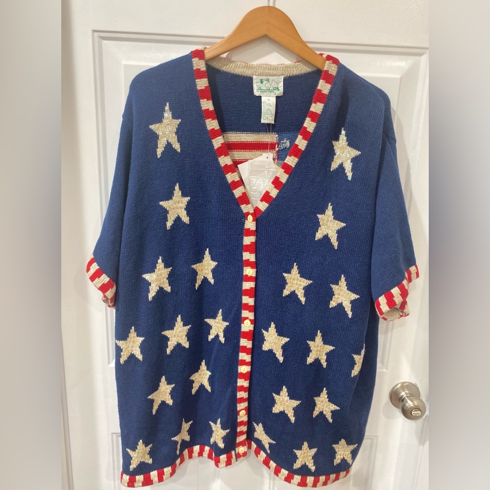 Quacker Factory Blue and Red Stars and Stripes Knit Cardigan plus size 3X